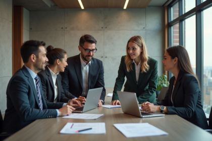 Groupe de professionnels en réunion de travail moderne