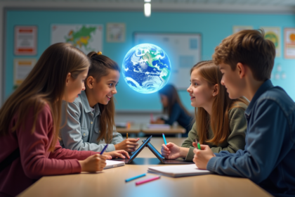 Jeunes adolescents explorant un modèle planétaire en AR