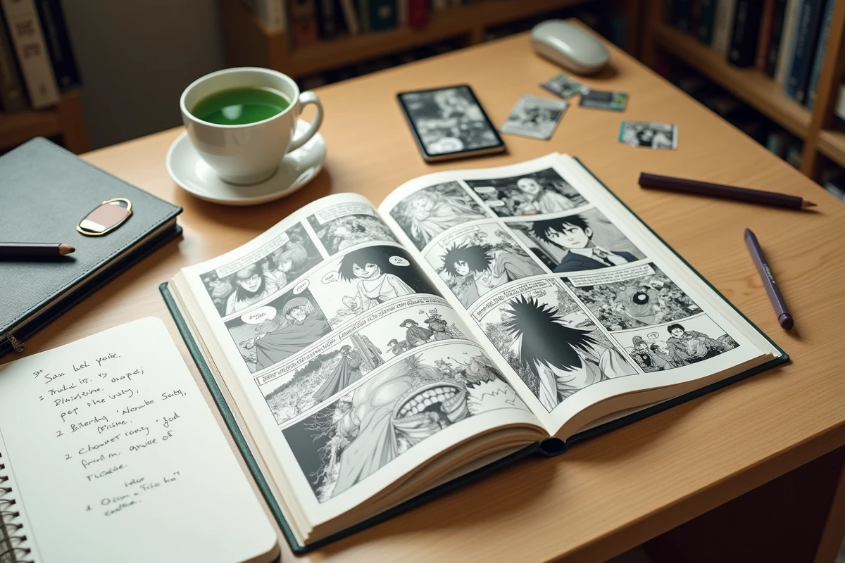 Plat lay d'un bureau d'amateur de manga avec un volume de Hunter x Hunter ouvert, des notes sur Biscuit Krueger et des cartes de collection pour illustrer un guide complet du personnage