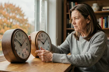Femme comparant deux horloges murales indiquant l'heure de Paris et Washington lors du passage à l'heure d'hiver