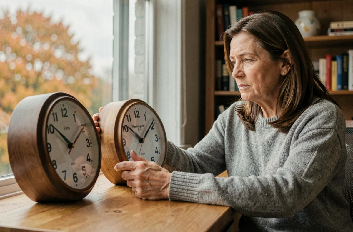 Femme comparant deux horloges murales indiquant l'heure de Paris et Washington lors du passage à l'heure d'hiver