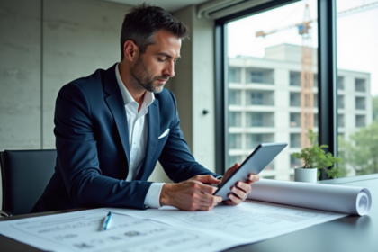 Homme d'affaires en costume bleu examinant des plans