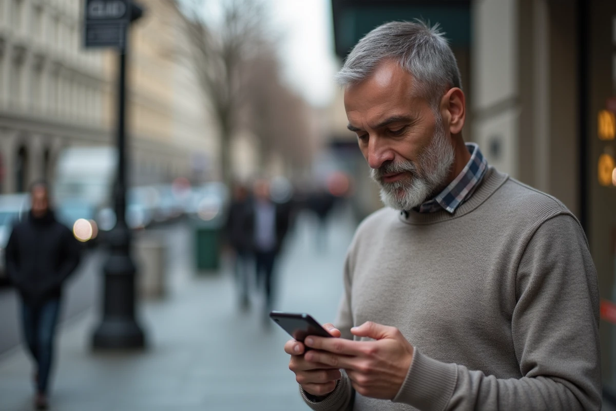 Homme bloquant un appel scam dans la rue urbaine