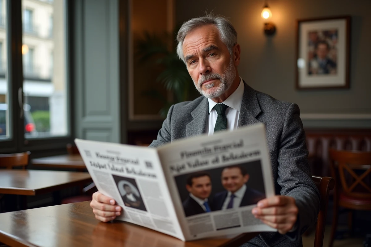 Homme lisant un magazine financier dans un café parisien