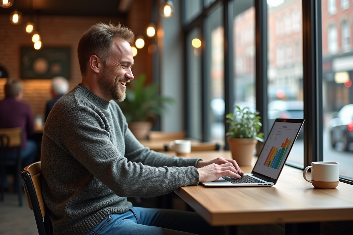 Homme d age moyen travaille sur un ordinateur dans un cafe chaleureux