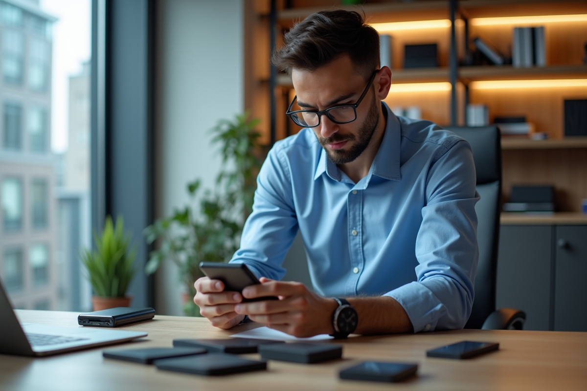 Jeune homme professionnel compare disques durs externes