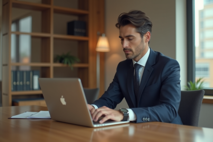 Homme d'affaires en costume bleu examine un contrat de prêt immobilier