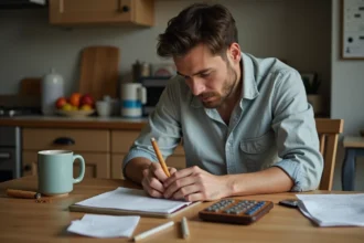 Homme en cuisine calculant ses dépenses avec un carnet