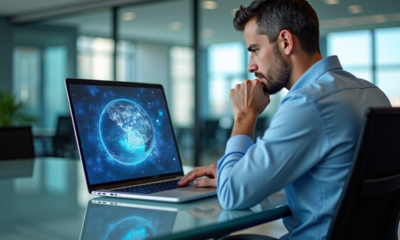 Homme d'affaires pensif devant un ordinateur avec monde digital