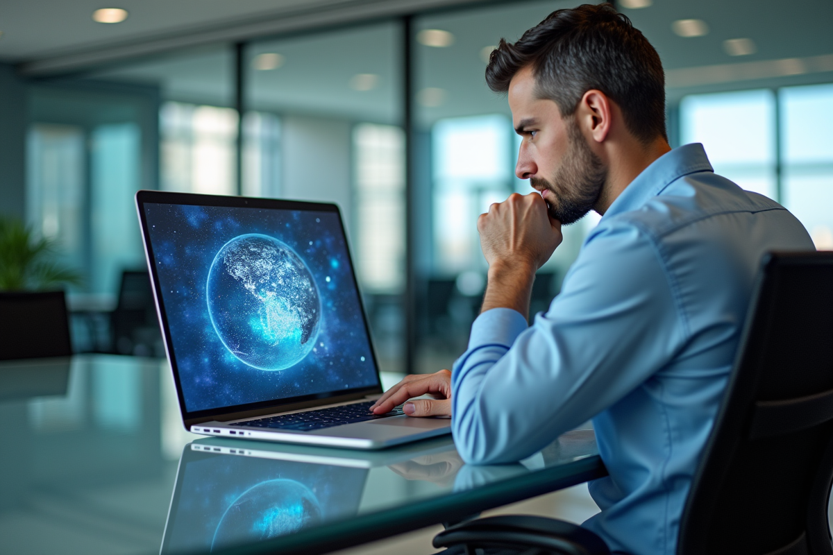 Homme d'affaires pensif devant un ordinateur avec monde digital