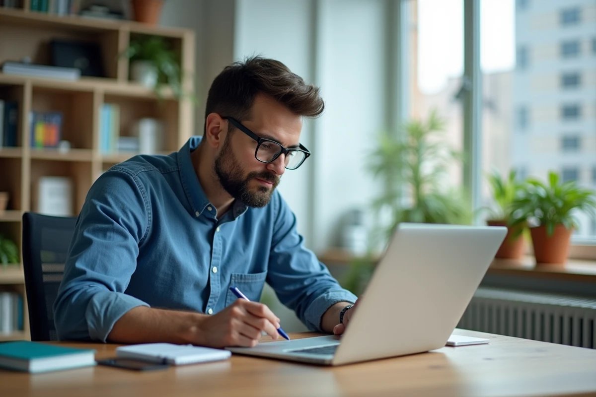 Homme en train d'évaluer un site web dans un bureau lumineux