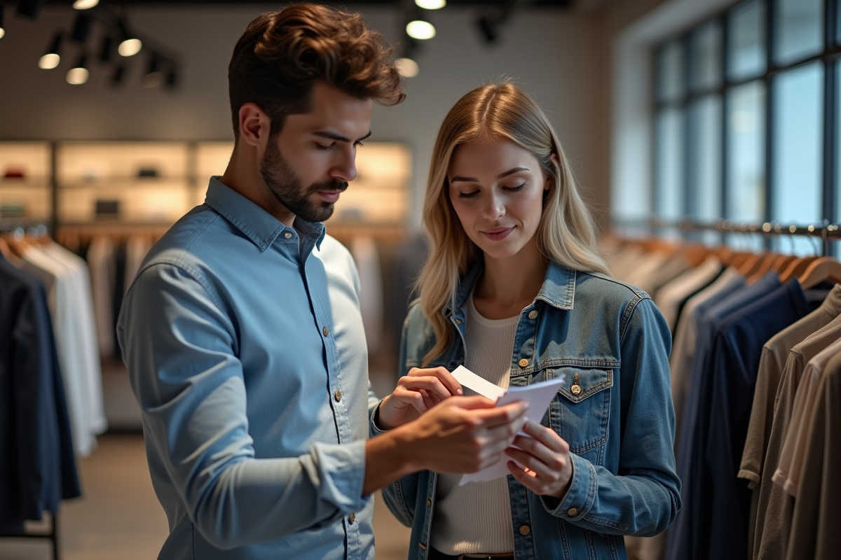 Jeune couple compare des chemises en magasin lumineux