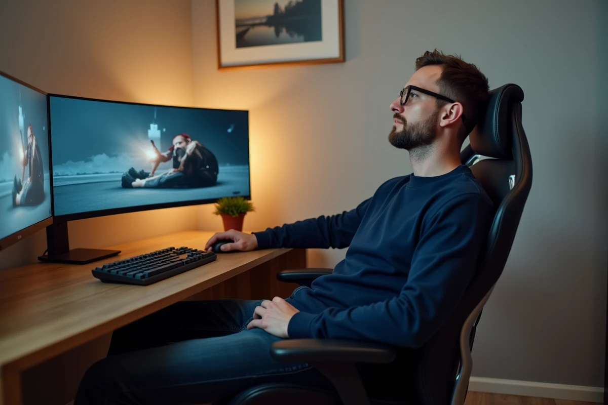Homme regardant un film en streaming sur un grand écran dans un bureau à domicile bien équipé