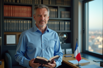 Homme français en chemise bleue tenant un livre avec logo NASA