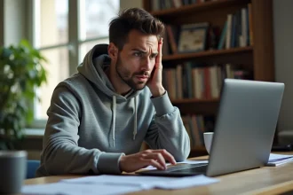 Homme frustré devant un ordinateur portable affichant une erreur 404, symbolisant un site web introuvable