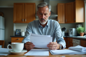 Homme d'âge moyen en gestion de factures dans une cuisine
