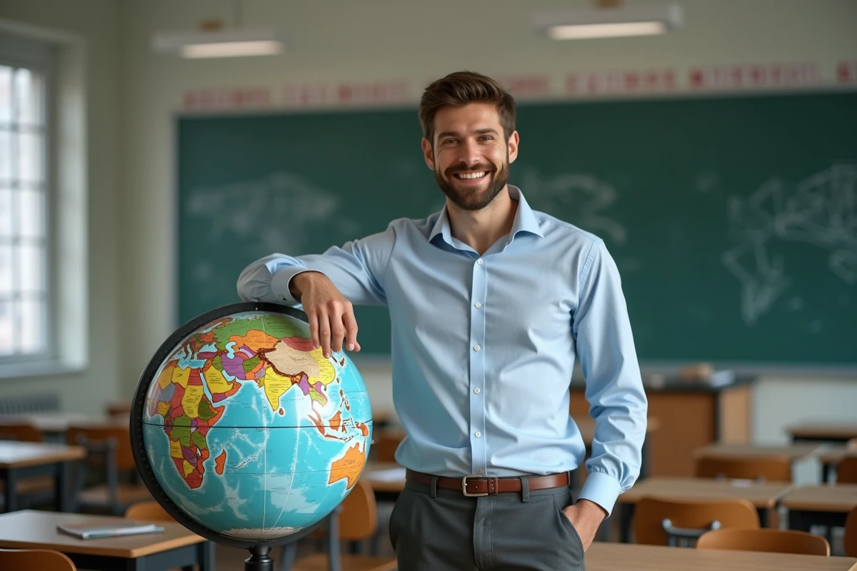 Homme pointant la capitale Paris sur un globe dans une classe