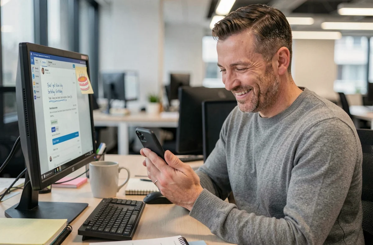 Homme qui lit un message d'anniversaire en retard sur son téléphone avec un sourire amusé au bureau
