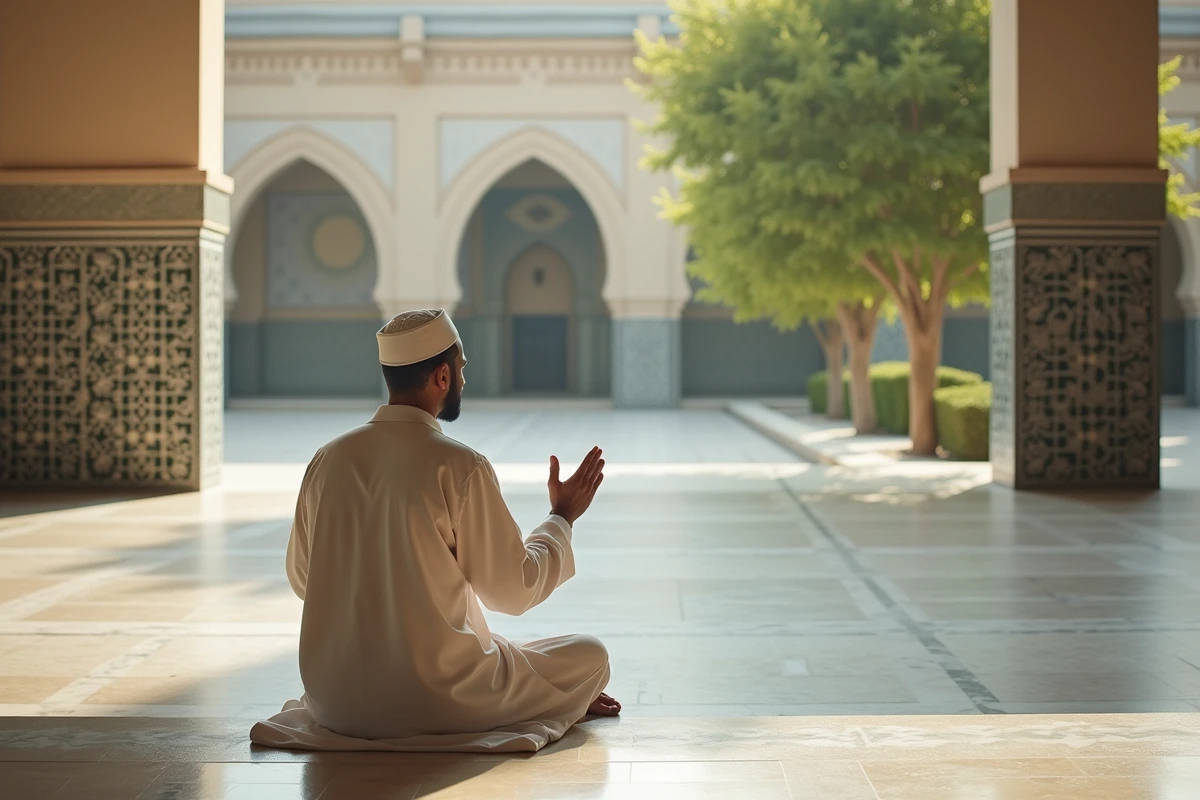 Homme musulman en thobe priant dans une mosquee avec architecture