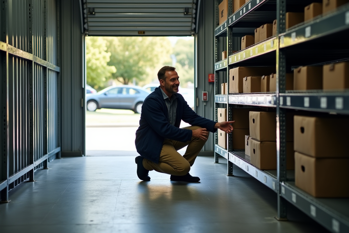 Homme arrangeant des boîtes dans un espace de stockage