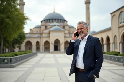 Homme d'âge moyen parlant au smartphone devant la mosquée de Strasbourg