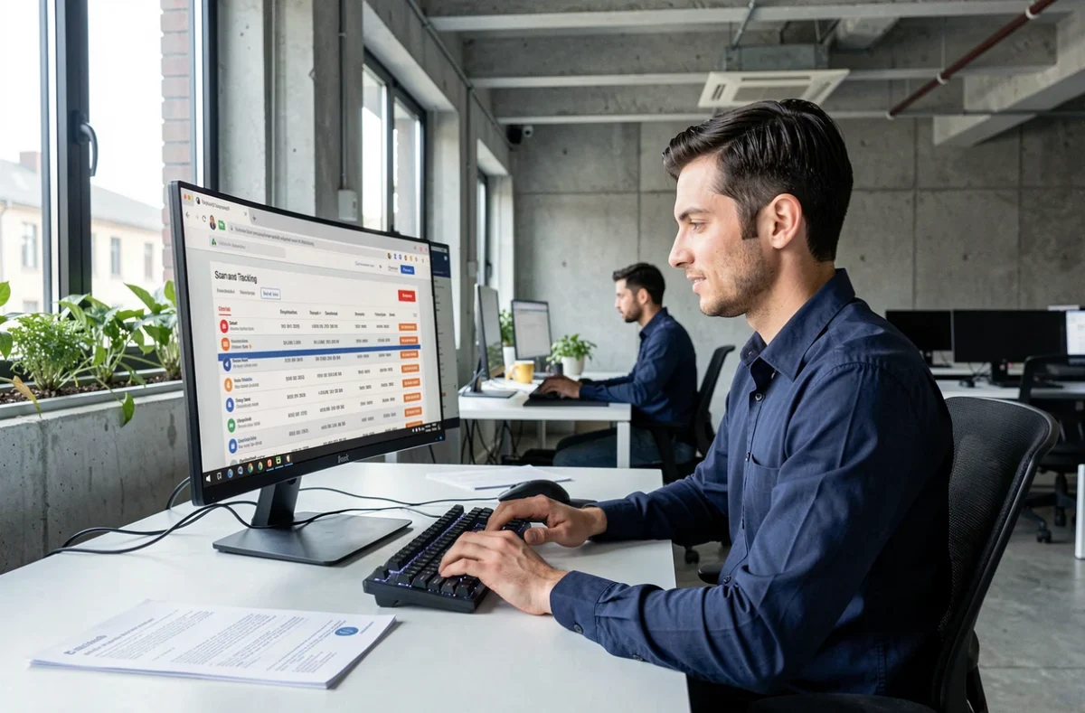 Homme utilisant Phoenixscan sur un grand écran dans un espace de coworking moderne