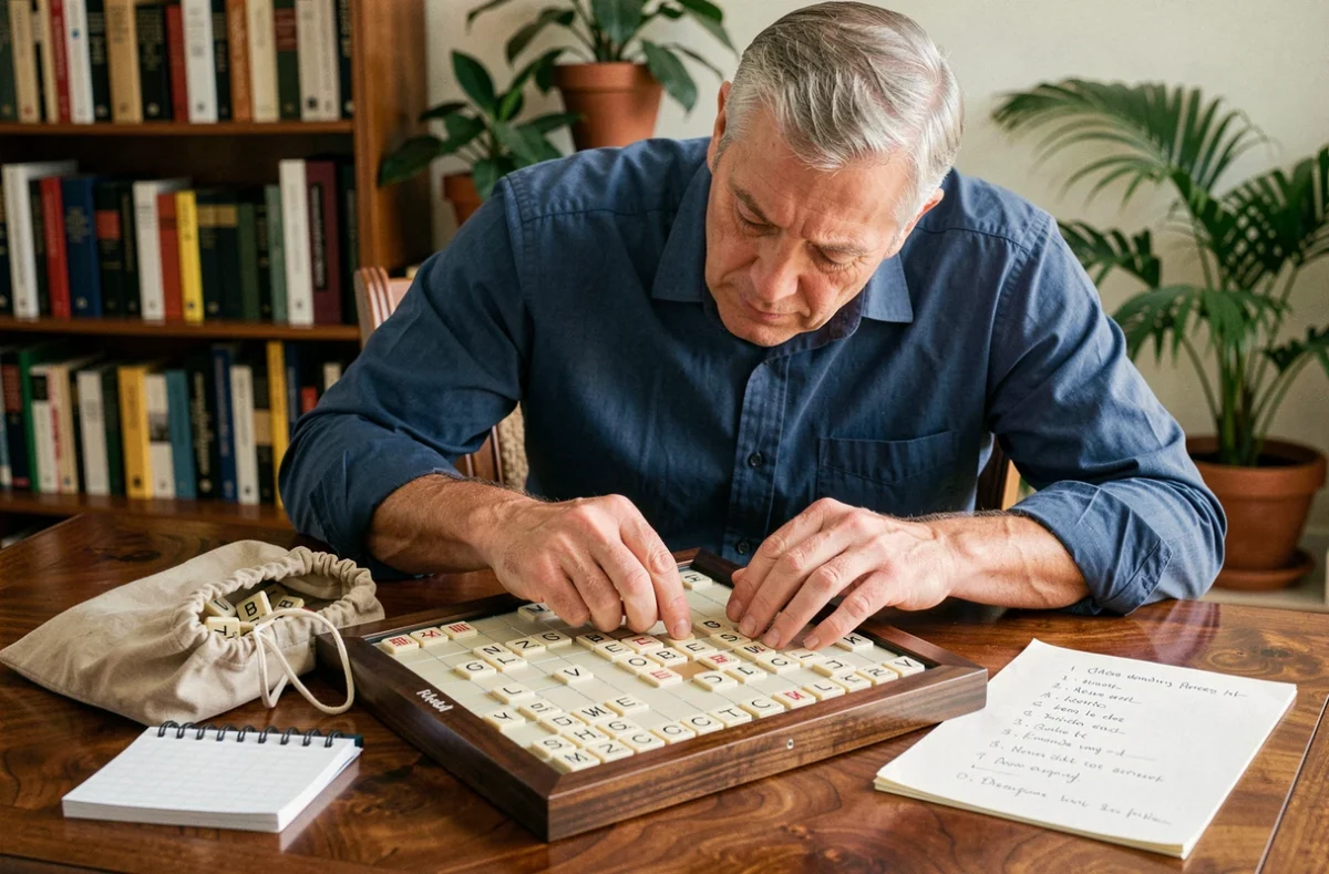 Homme arrangeant des lettres sur un plateau de Scrabble en consultant une liste de mots autorisés lors d'une partie