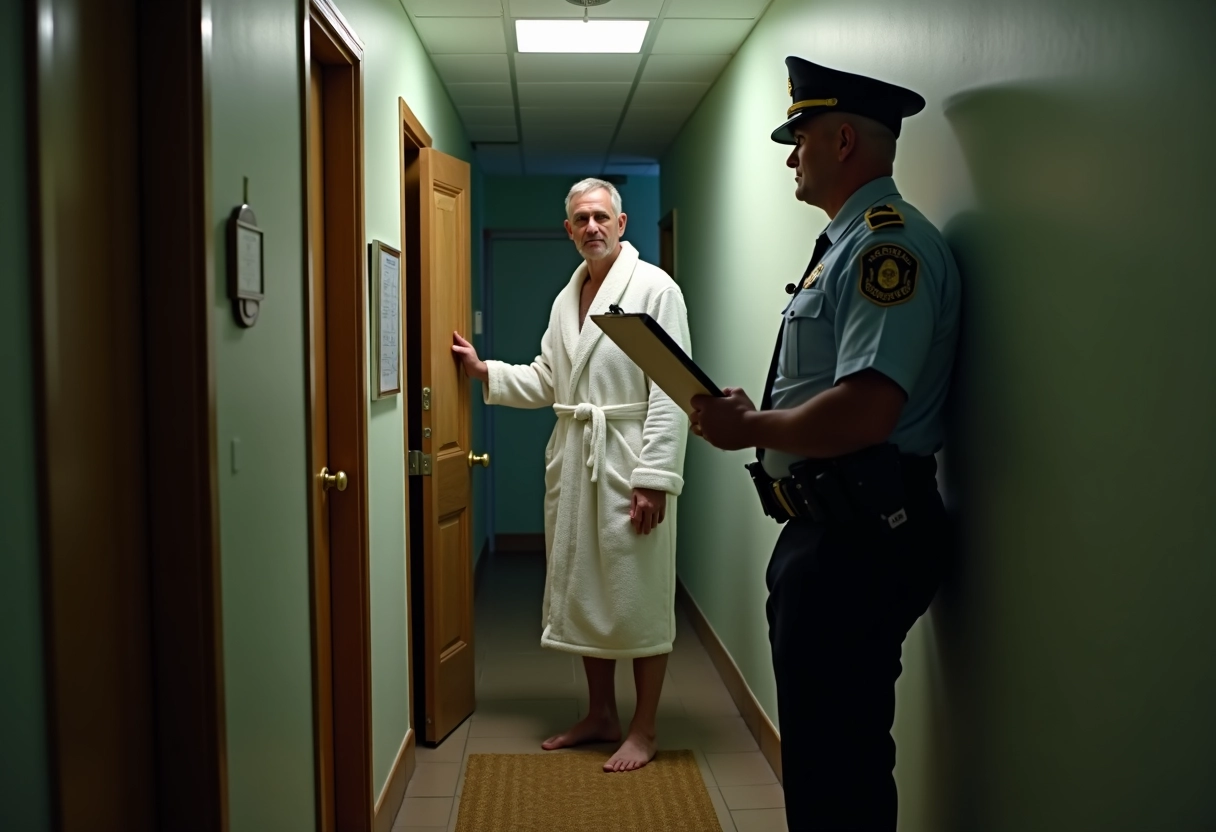 Homme en robe de chambre parlant avec agent municipal