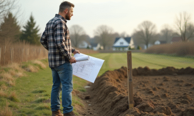 Homme d'âge moyen examinant un terrain en extérieur