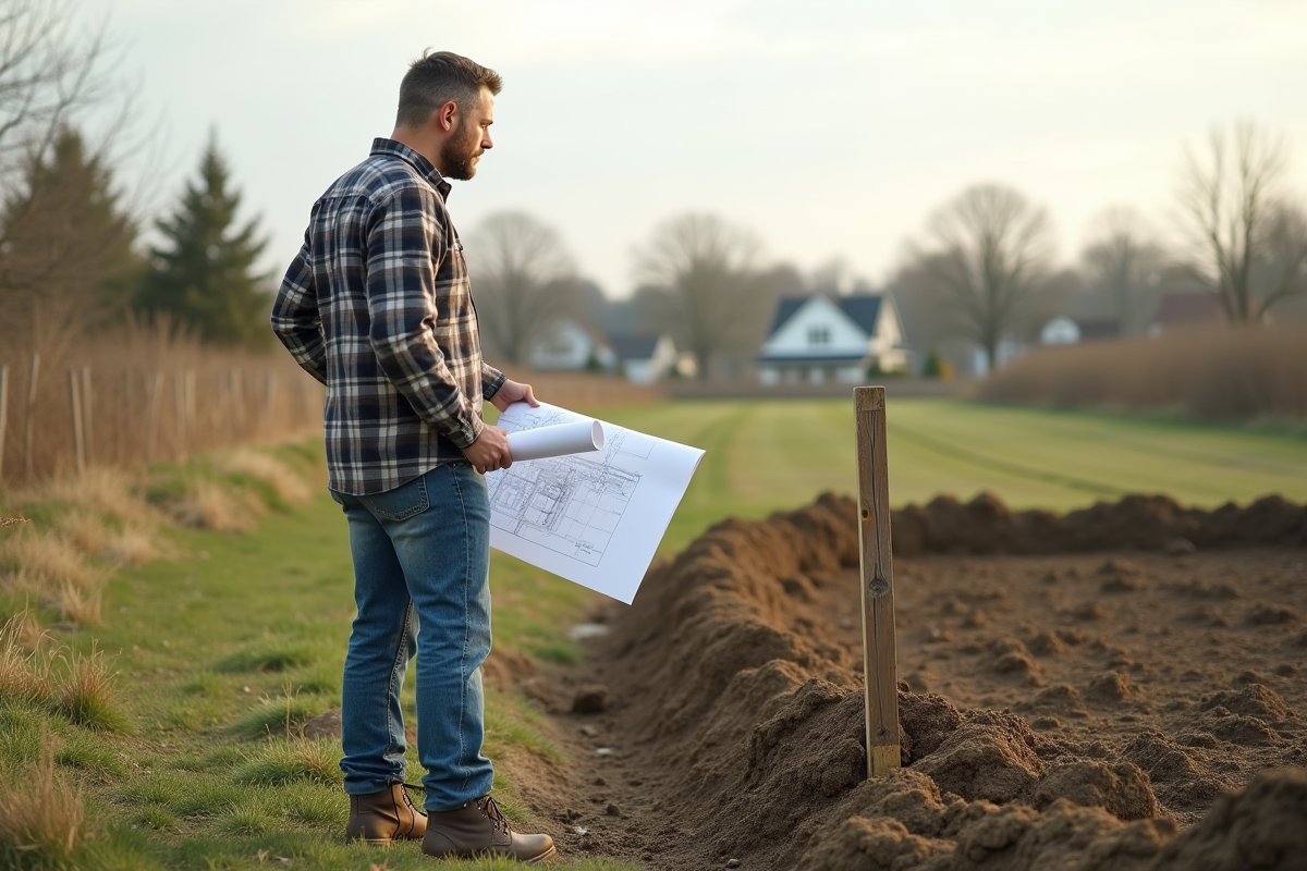 Homme d'âge moyen examinant un terrain en extérieur