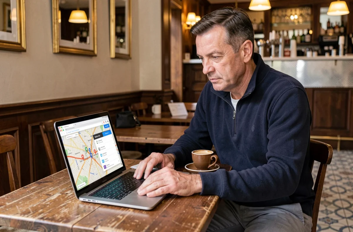 Homme recherchant un bureau de tabac proche sur son ordinateur portable dans un café parisien