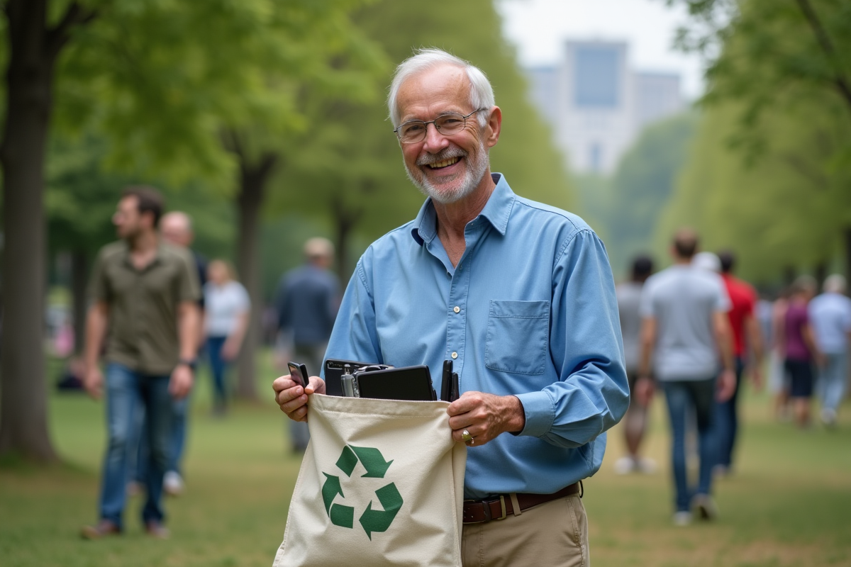 Homme recyclant des appareils électroniques en plein air
