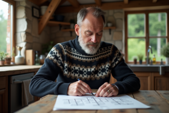 Homme scandinave examine un arbre généalogique en cuisine rustique