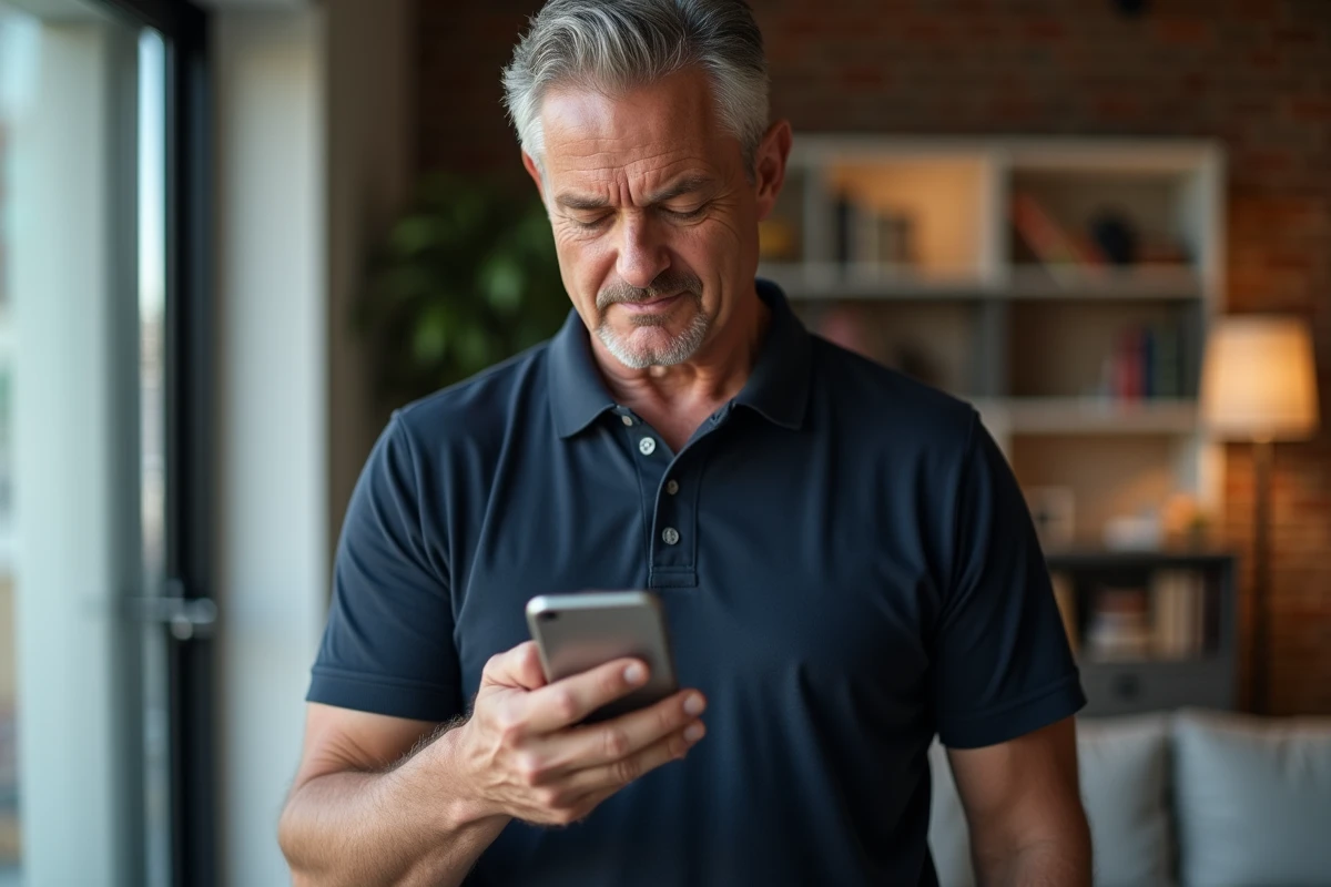Homme d'âge mûr consultant son smartphone pour retrouver un site web introuvable