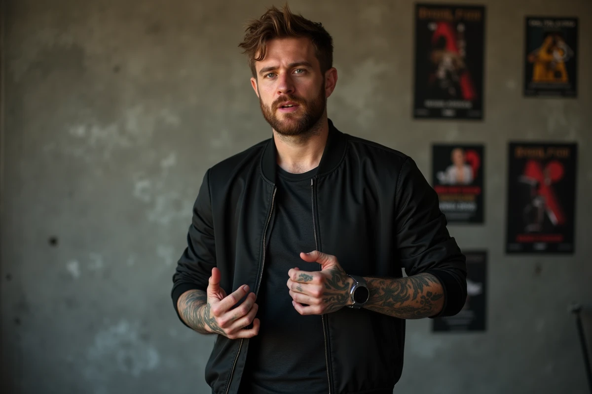 Homme tatoué en portrait backstage ambiance décontractée