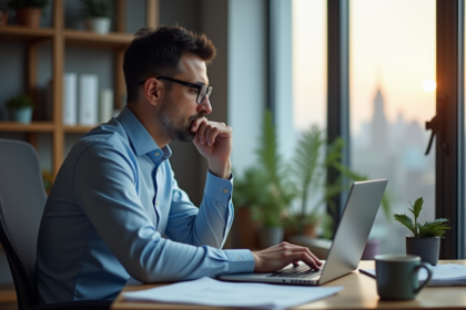 Homme d'âge moyen travaillant sur son ordinateur dans un bureau à domicile