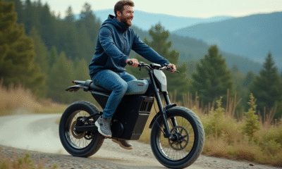 Homme en windbreaker bleu sur une moto électrique en nature
