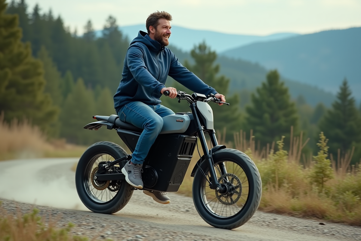 Homme en windbreaker bleu sur une moto électrique en nature