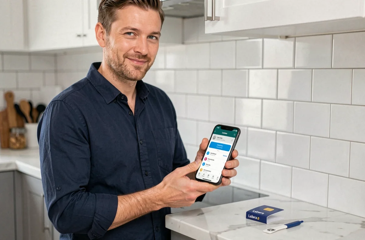 Homme vérifiant son numéro Lebara sur son téléphone à côté de l'emballage de sa nouvelle carte SIM