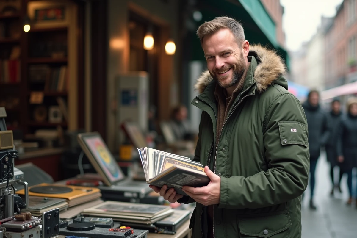Homme tenant des vinyles trouvés lors d'une braderie dans le Nord, avec des objets de brocante en arrière-plan