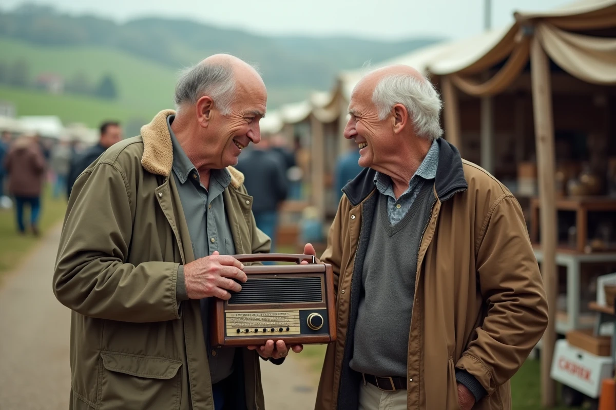 Deux hommes âgés échangeant des rires devant une radio vintage