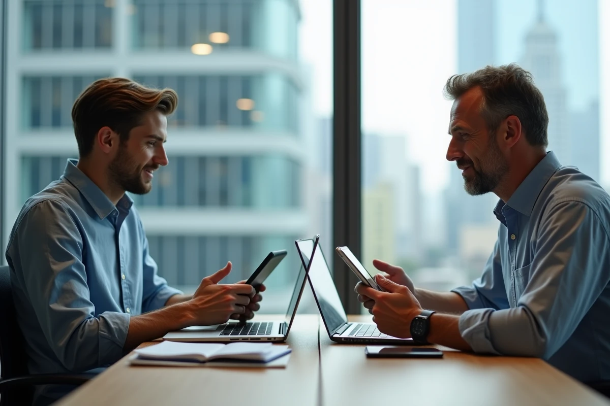 Deux hommes discutent avec tablettes dans un bureau moderne