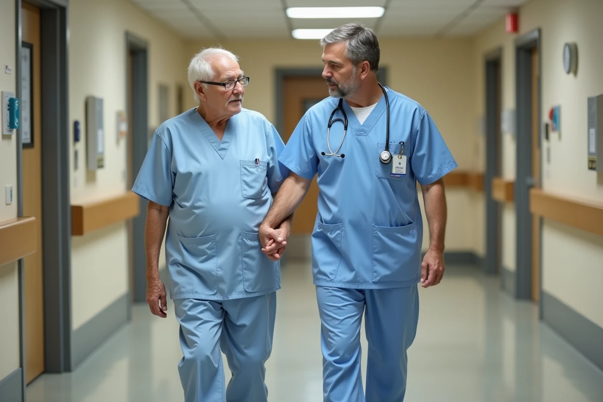 Infirmier aidant un personne agee dans un hopital