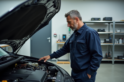 Ingénieur automobile homme à côté du moteur en garage moderne