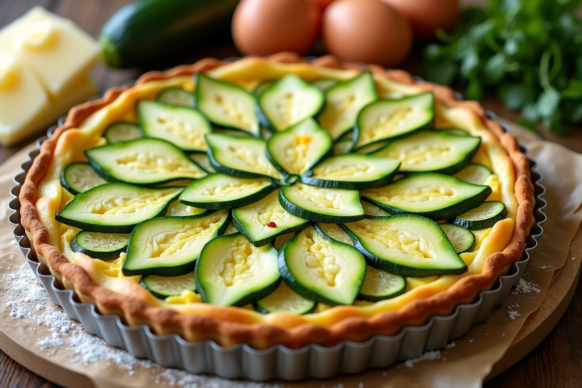 Ingrédients pour tarte à la courgette sur le plan de travail