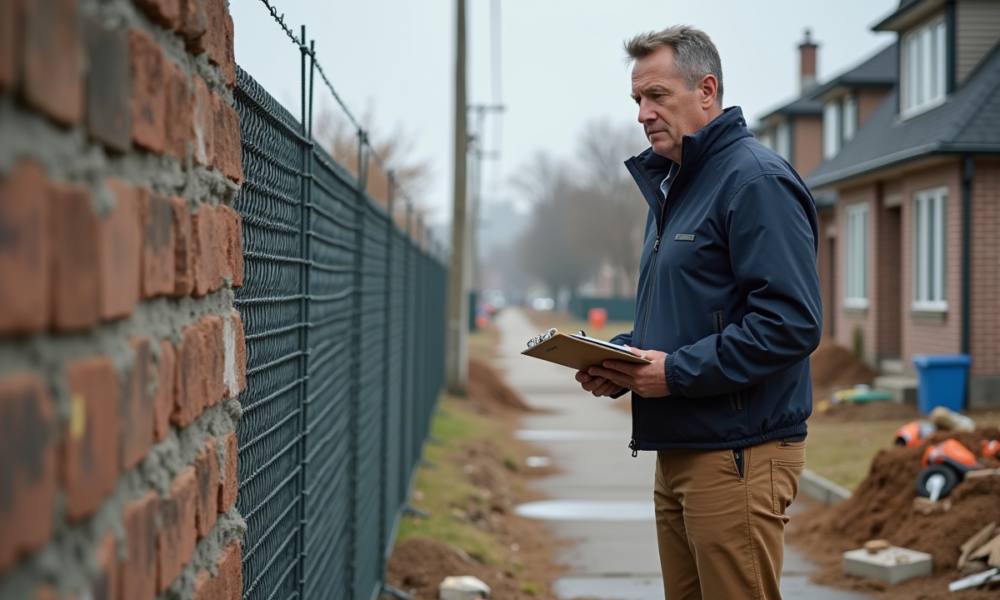 Inspecteur urbain examine un mur en briques en extérieur