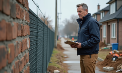 Inspecteur urbain examine un mur en briques en extérieur