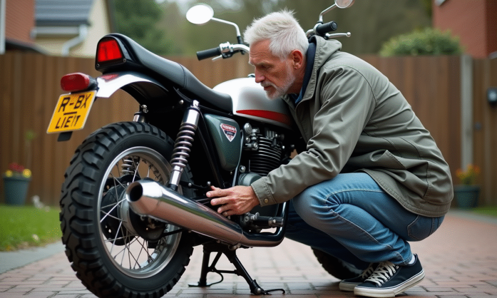 Homme inspectant une moto 125 Dax dans une cour