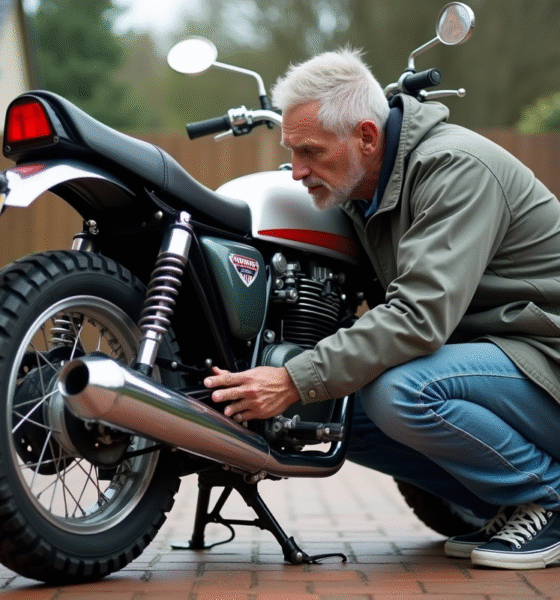 Homme inspectant une moto 125 Dax dans une cour
