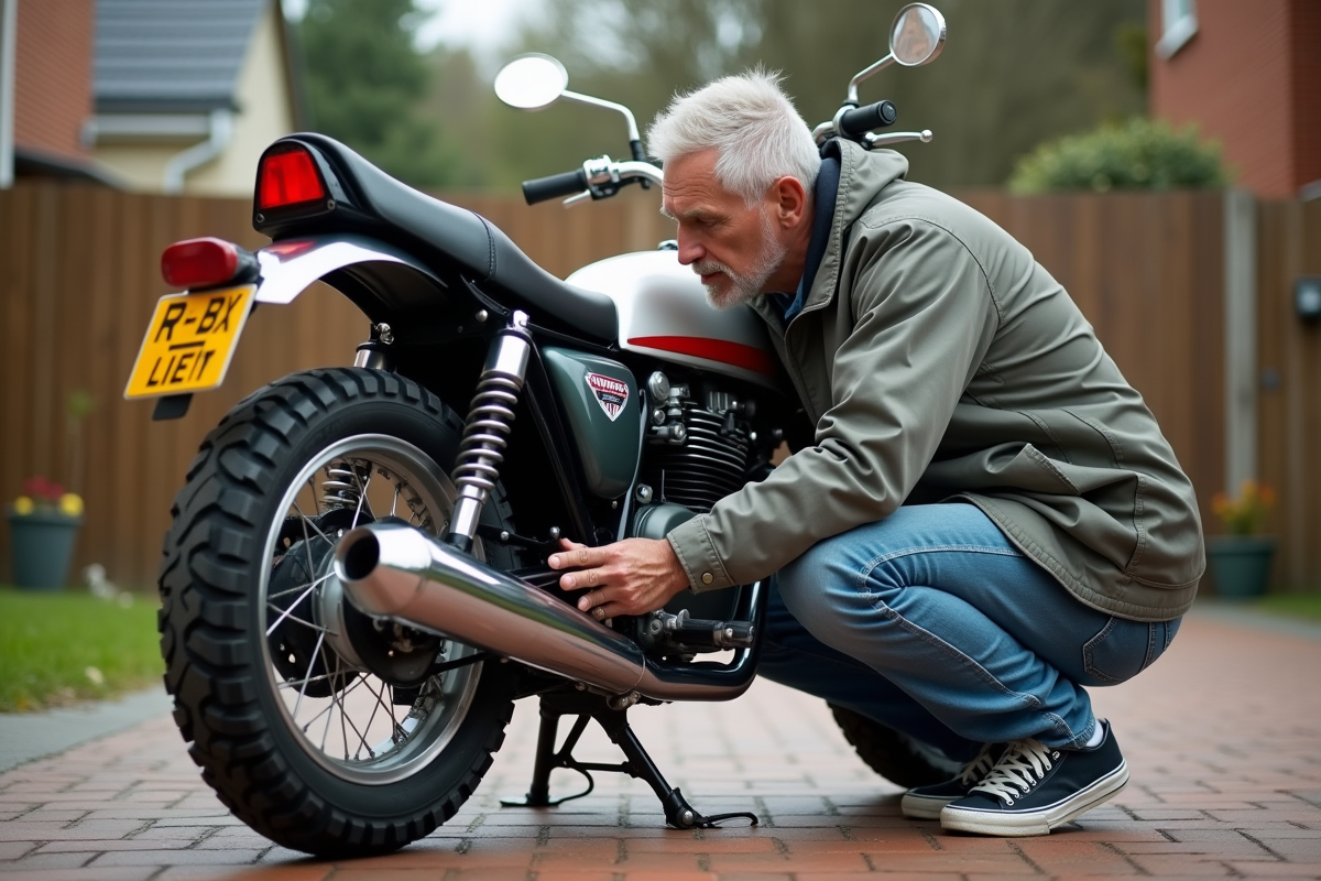 Homme inspectant une moto 125 Dax dans une cour